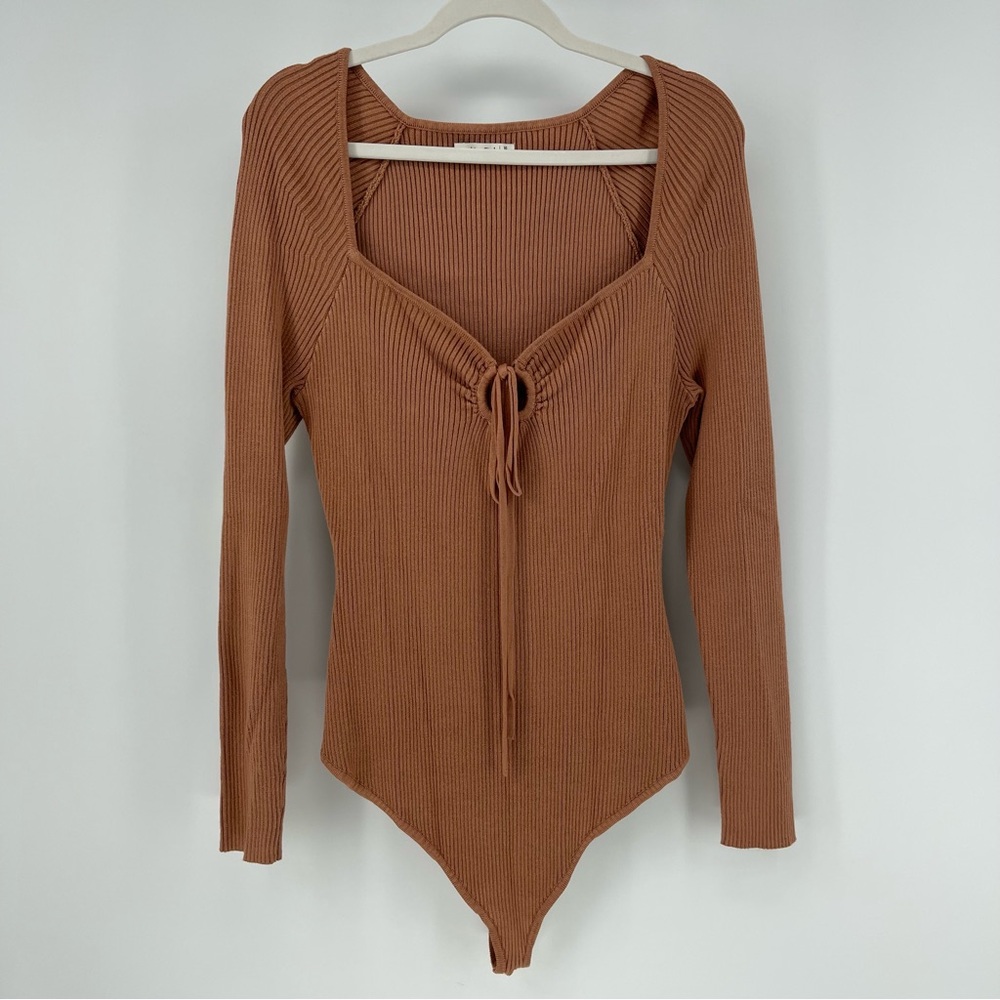 Abercrombie & Fitch Brown Ribbed Long Sleeve O-Ring Bodysuit, Women's XL